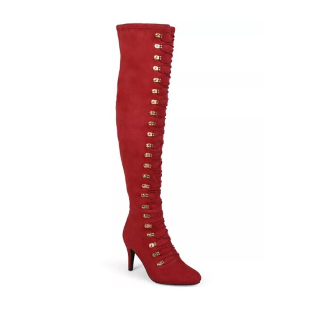 Journee Collection Trill Knee High Boot Red Faux Suede - Size 7